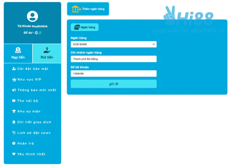 Nhập thông tin rút tiền Hi88